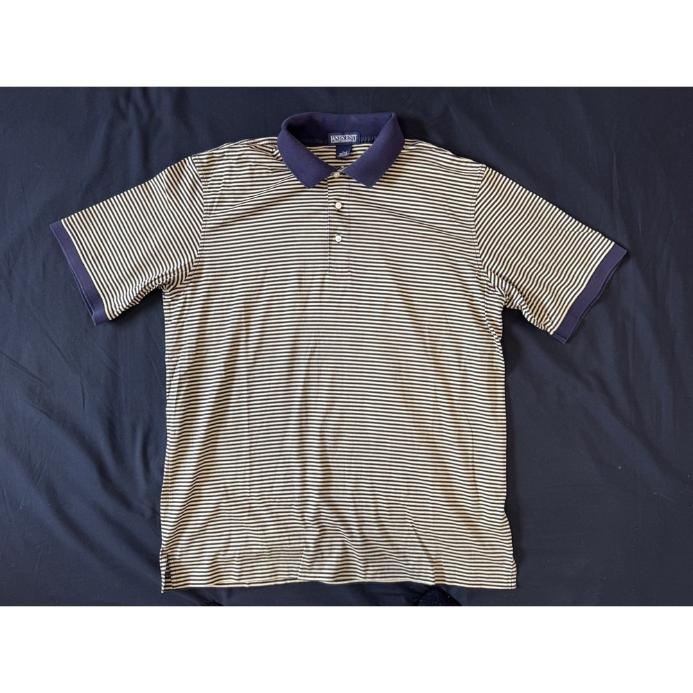 Vtg 90s Lands' End Striped Navy Yellow Polo Cotton Shirt Men's L 42-44 Peru Made